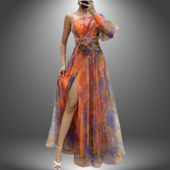 Indigo - Elegant One-Shoulder Tie-Dye Party Dress