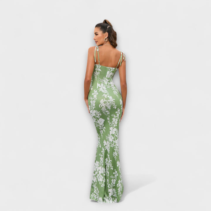 Thalia - Floral Print Prom Dress with Tied Shoulder Straps