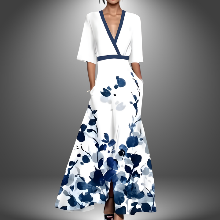 Rhea - Flattering V-Neck Printed Maxi Dress