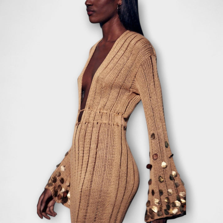Kathleen - Gold Knit Maxi Dress by Dolly