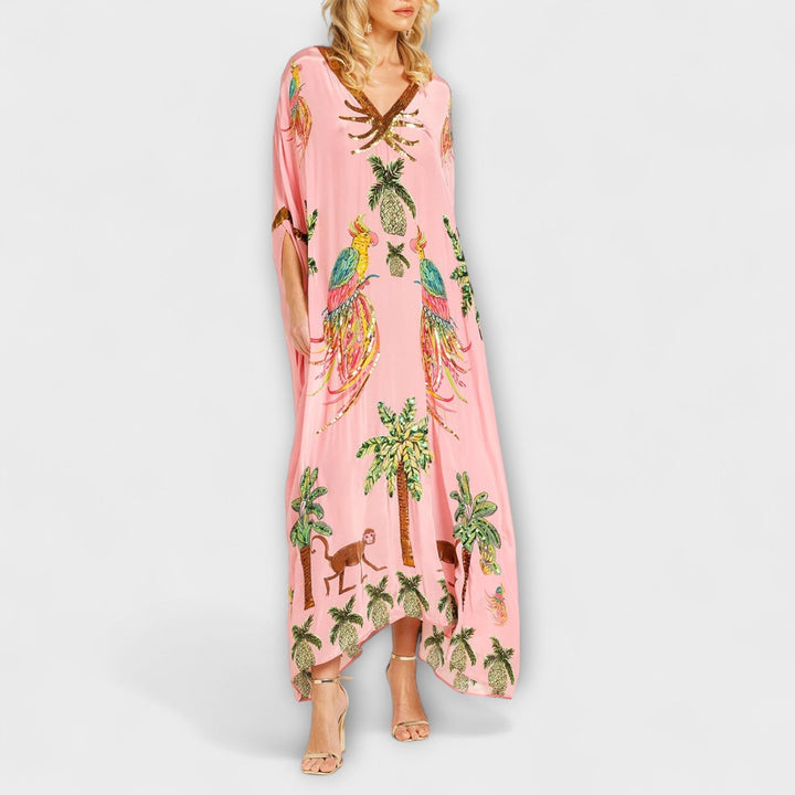 Linda - Eye-catching Dress with Asymmetrical Shoulders and Coconut Tree Print