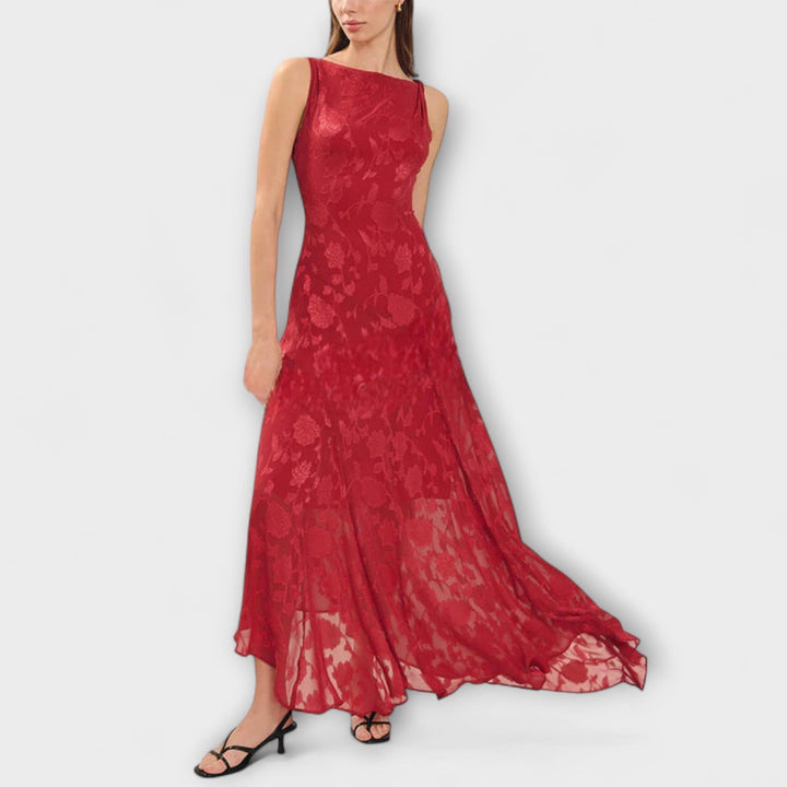 Opal - Elegant Backless Lace-Up Jacquard Maxi Dress